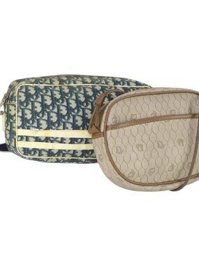 Christian Dior Trotter Honeycomb Canvas Bag PVC 2 Set Navy Beige Auth 155247